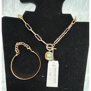 Bella Jack Gold Tone Paperclip Necklace Square Gem Pendant Bracelet Set‎ 18"#314